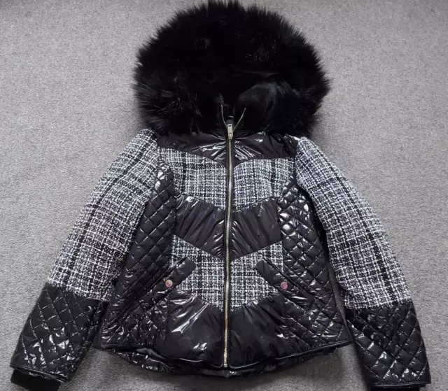 Girls Part Shiny Black/White Fur Trim Hooded Coat/Jacket *River Island*   14 Yrs