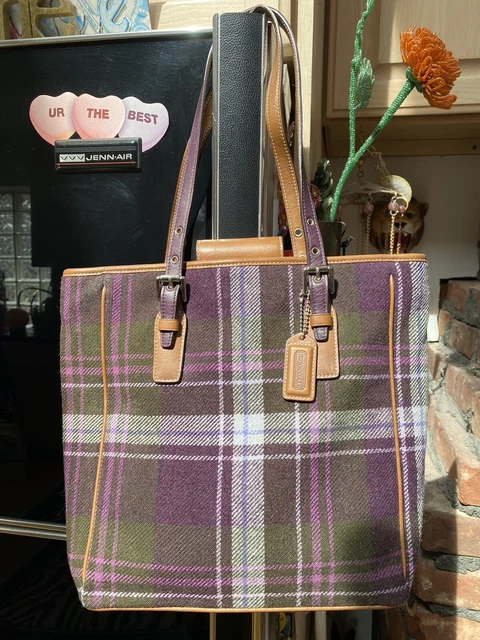 NEW VTG COACH Purple Plum Wool Fabric Plaid & Leathet Tote Bag