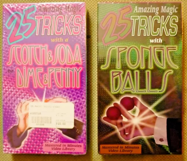 Lot of 2 Amazing Magic Tricks Scotch & Soda or Dime & Penny, Sponge Balls VHS