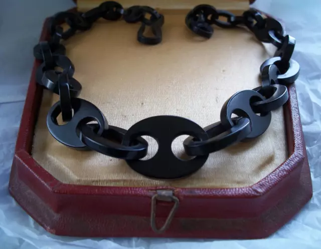 vulcanite chain NR CARVED ANTIQUE Victorian necklace mourning vintage jewelry