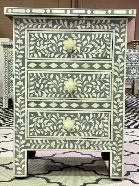 Grey Bone Inlay Floral Bedside Table