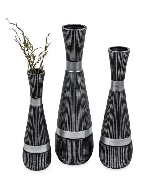 3er Set Bodenvasen RELIEF ANTIK konisch 50 + 60 + 69cm schwarz silber Formano