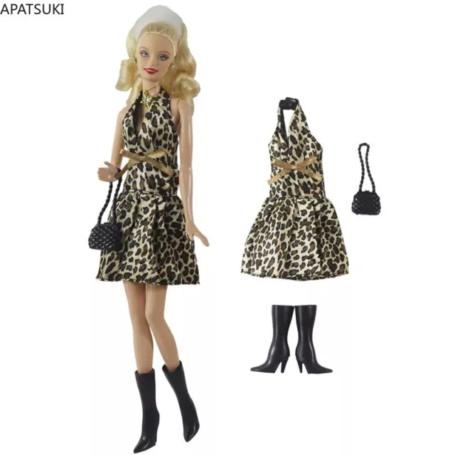 Leopard Fashion Dress For Barbie Doll Clothes Handbag Boots For Barbie 1/6 Dolls