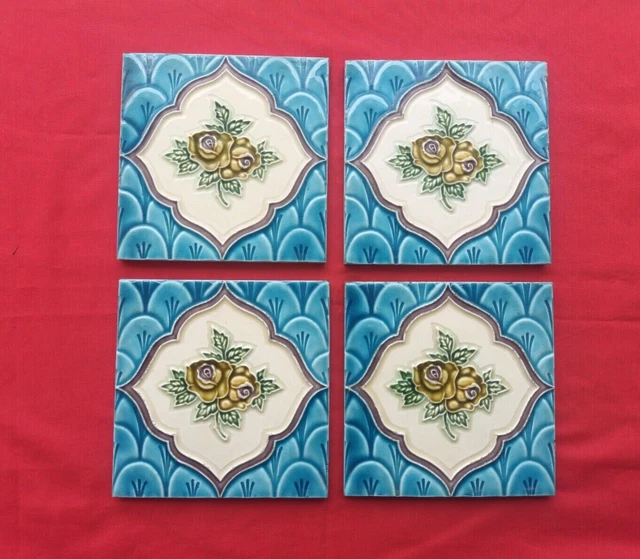 4 Piece Old Art Floral Embossed Design Majolica Ceramic Tiles Japan 0128 5