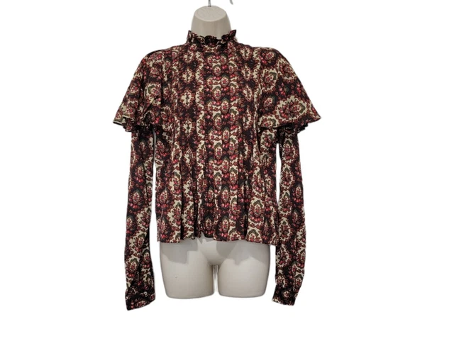 ByTiMo Wallpaper Blouse Top Victorian Floral Print Tunic Red Green Women's XS