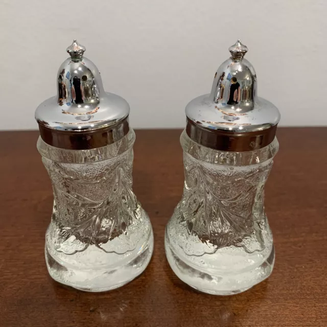 Floral/Leaf Design Lead Crystal Salt & Pepper Shakers With Silver-Plated Lids