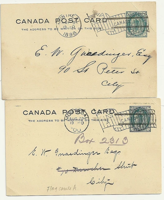 1898/1900 2 Montreal Canada Flag Cancels On Dispensary Printed Cards - Medical