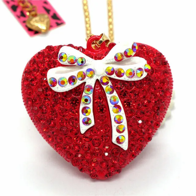 Betsey Johnson Red Enamel & Crystal Bow Accent Heart Pendant Sweater Necklace