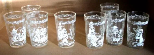 8  HOWDY DOODY Welch's Jelly/Juice WHITE Glasses 1953 • Embossed Bottoms