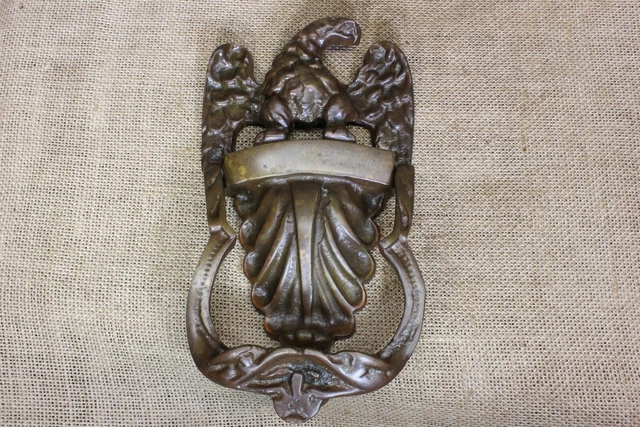 Old Large Door Knocker Eagle & Shell Antique Solid Brass Vintage Patina 8”