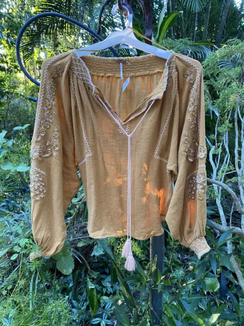 Free People Notting Hill Embroidered Peasant Top Sz Small Mustard Yellow $168