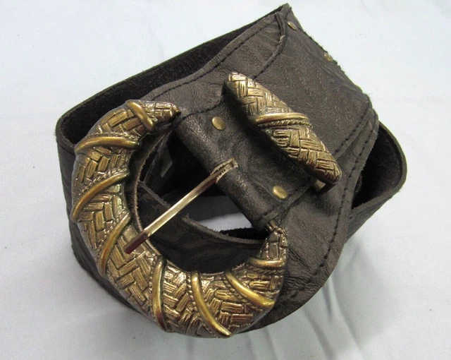 Vintage GENUINE TOOLED LEATHER Black BASKETWEAVE BRASS BUCKLE Hip Belt Sz S