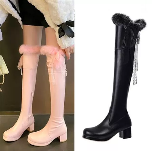 Women's Knee High Boots Shoes Mid Heels Round Toe Rabbit Fur Platform Side Zip