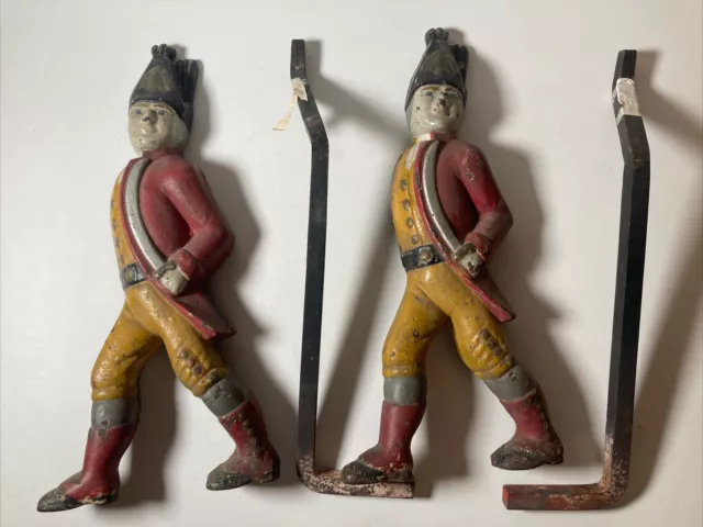 HESSIAN SOLDIERS PAIR ANTIQUE CAST IRON FIREPLACE ANDIRONS With Stands