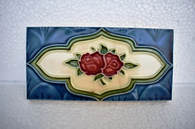 Antique Tile Art Nouveau Majolica Japan Rose Ceramic Porcelain Blue Floral "I18 2