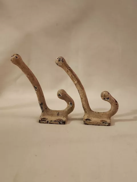 Pair of Antique Salvage Double Cast Iron Coat Hook 3.5" Old Chipped Paint