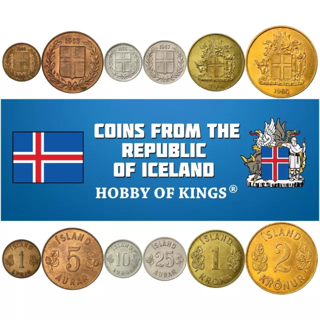 Icelander 6 Coin Set 1 Eyrir 5 10 25 Aurar 1 2 Krónur | Iceland | 1946 - 1975