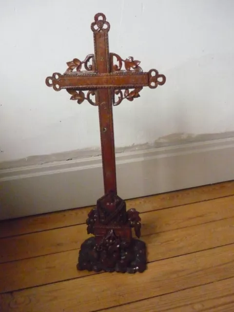 Antique French Black Forest Wood Carved  Cross Crucifix Christ Religious