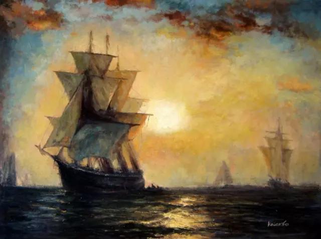 paysage marin bateaux tableau peinture huile sur toile signée