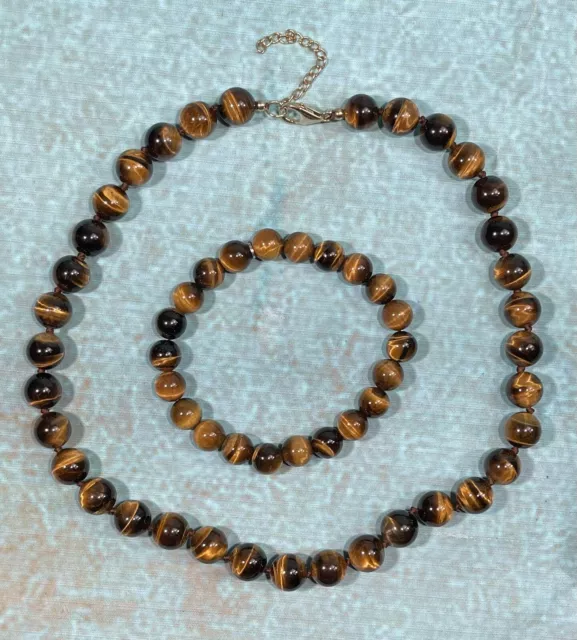 Genuine 21” Tigers Eye Necklace and Bracelet Set Polished Real Semiprecious QVC