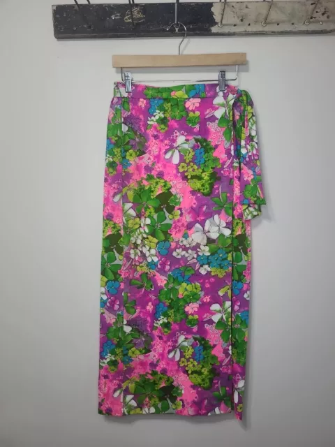 Flower Power Wrap Skirt Hippie Mod Womens L Hawaiian Floral Bright 60s Vintage