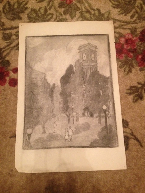 Antique Early 20th Century Coal Urban Landscape Drawing With / Clocktower