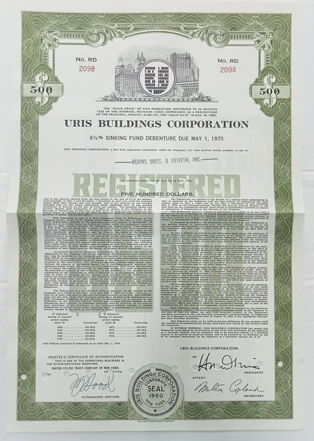 USA Uris Buildings Corporation 1975 share certificate for 500 shares