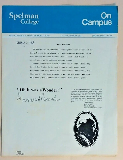 Spellman College 1982 News Release Death of Oldest Living Alumni Annie Alexander