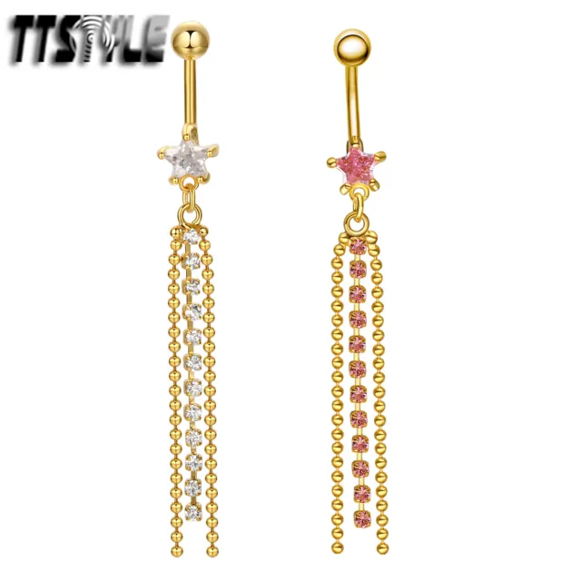 TTStyle 14K Gold GP CZ Star Long Dazzling Dangle Belly Navel Ring NEW Arrival