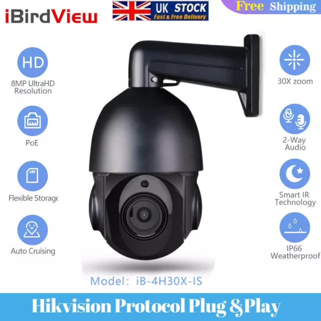 iBirdView Hikvision Protocol 4K 8MP 30X Zoom POE PTZ Camera 2 Way Audio IR UK