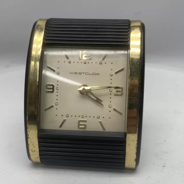 VINTAGE WESTCLOX ALARM Travel Clock MCM Wind Up Art Deco Roll Top Case ...