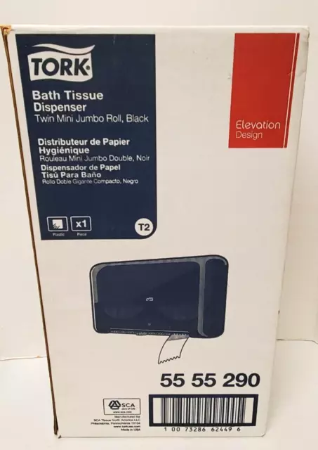 Tork Bath Tissue Dispenser, Twin Mini Jumbo Roll, Black, model 55-55-290