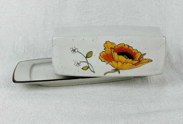 Vintage Japan Stone Ware Butter Dish Tray Flower Floral Poppy Retro Kitchen VGC