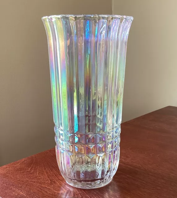 Vintage FTDA Iridescent Retro Art Deco Vase Tall Cylinder 1986 Rainbow Pride