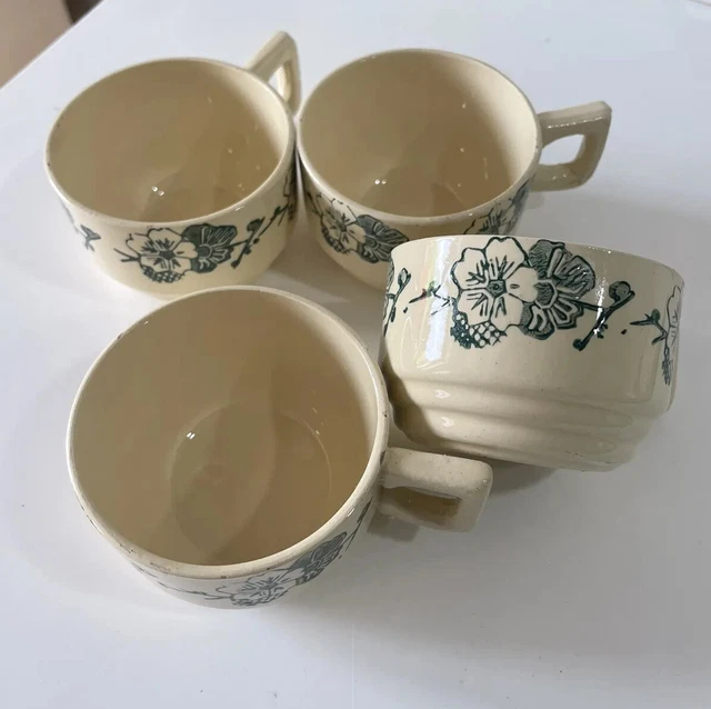 4 Anciennes Tasses A Cafe Faience  Sarreguemines Decor Fleurs Vertes Déco