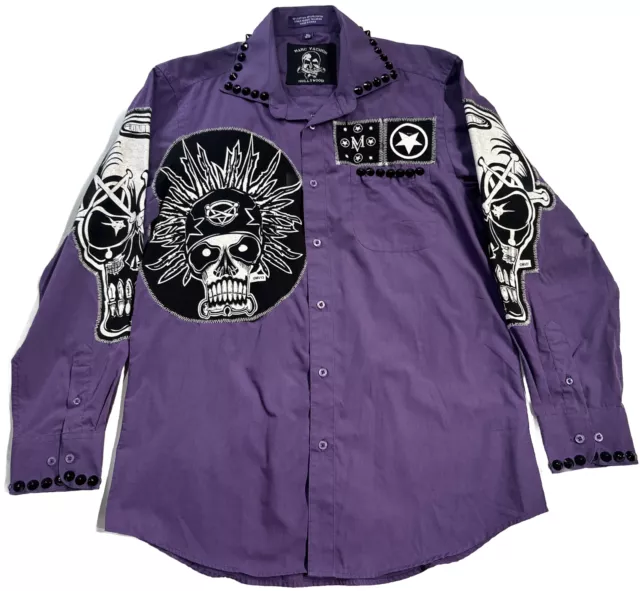 Marc Vachon Hollywood Button Up Shirt Purple Patches Spikes Rock