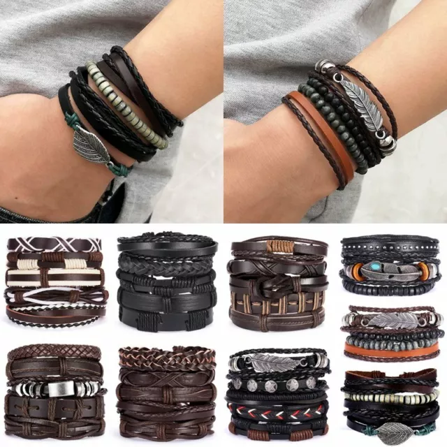 Men's Handmade Leather Braided Surfer Wristband Punk Bracelets Bangle Wrap 2024