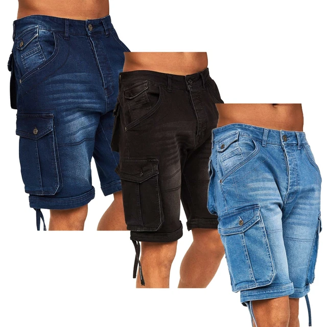 MENS CROSSHATCH DENIM Shorts 3/4 Casual Cargo Combat Shorts Jeans