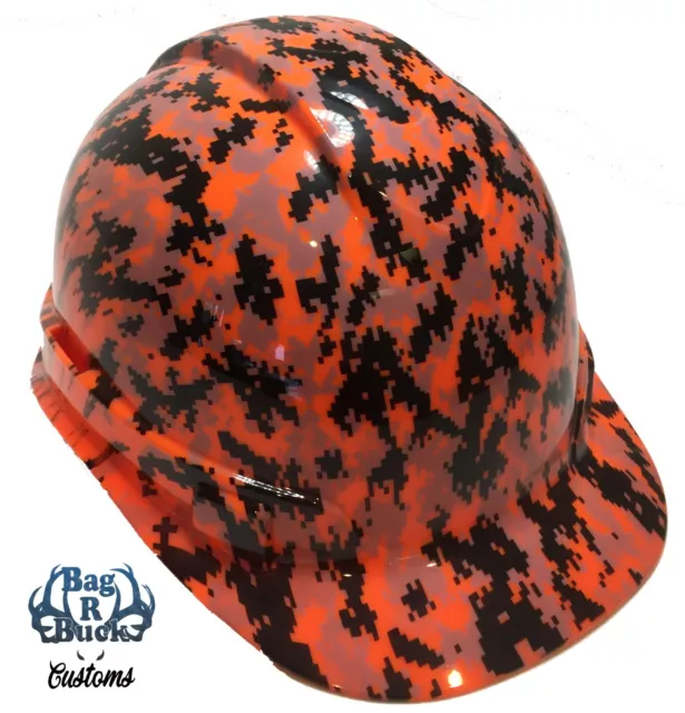 Hydro Dipped Hard Hat High Gloss Hi Vis Orange Digital Camo 6 Point Harness