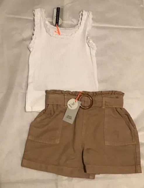 River island mini girls aged 3-4 years stone paperbag buckle belted shorts set