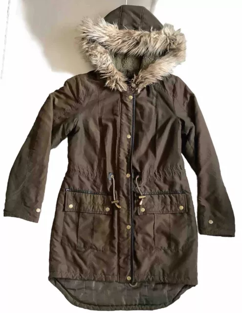 Ladies Parka Style Coat Faux Fur Trim Hood Uk Size 8 Khaki Green