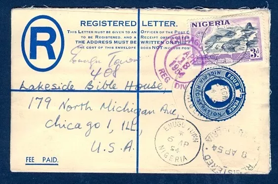 NIGERIA 1954 4d QEII REG ENVELOPE UPRATED TO USA