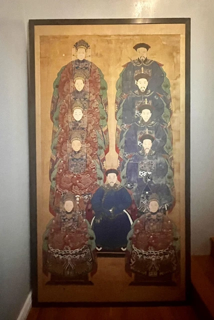 Antique Huge Chinese Ancestral Portrait Painting• Qing Dynasty 19th Century