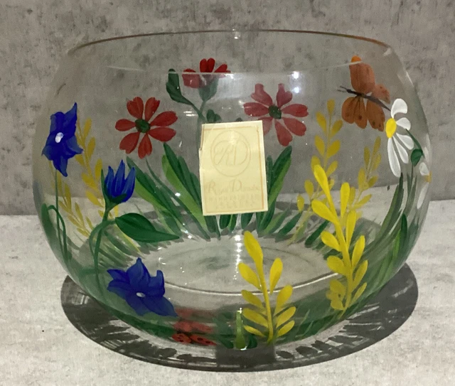 Vintage Royal Danube Rose Bowl Hand Painted Flowers Butterfly Bee Crystal