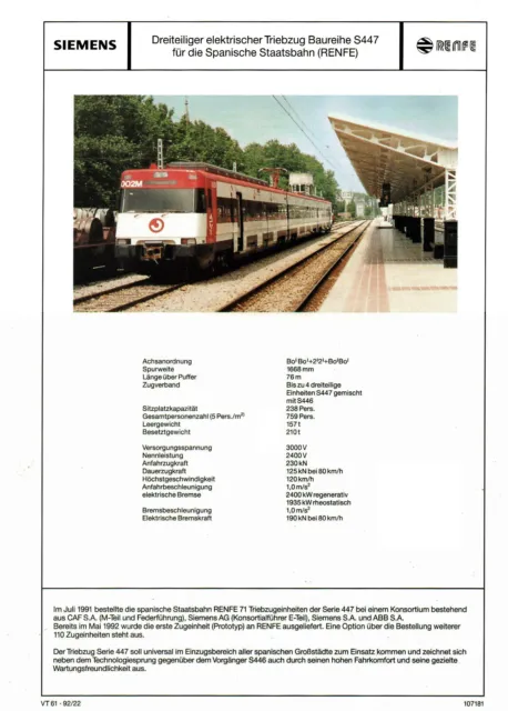 Datenblatt Elektrischer Triebzug Baureihe S447 für Spanische Staatsbahn RENFE