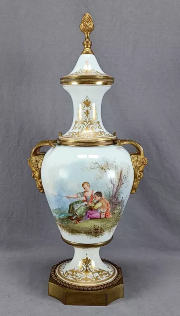 19th Century Sevres Style Hand Painted Watteau Scene & Gilt Brass Satyr Head Urn