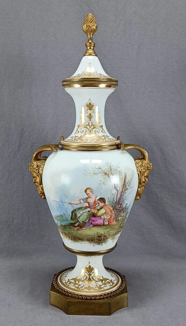 19th Century Sevres Style Hand Painted Watteau Scene & Gilt Brass Satyr Head Urn