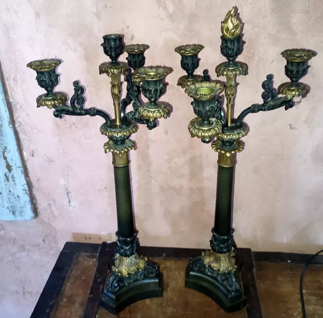 Paire de candélabre bronze doré et patiné Restauration Empire XIX ème