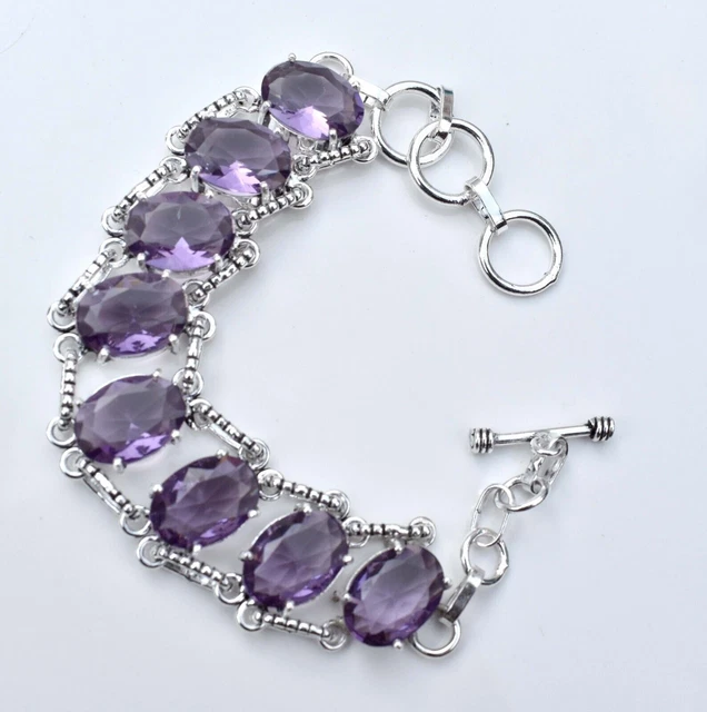 Purple Amethyst 925 Sterling Silver Gemstone Handmade Jewellery Bracelet S-7.8''