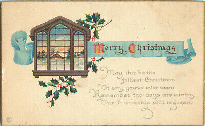 1923 Christmas Postcard "Merry Cristmas" Holly Snowy Scene Poem